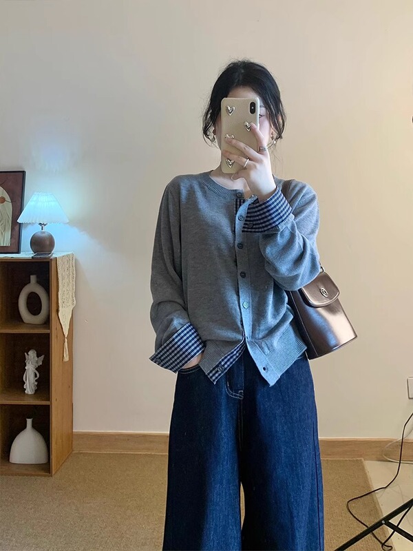 简约时尚拼接格子单排扣针织开衫上衣女秋冬别致显瘦毛衣打底外套|undefined
