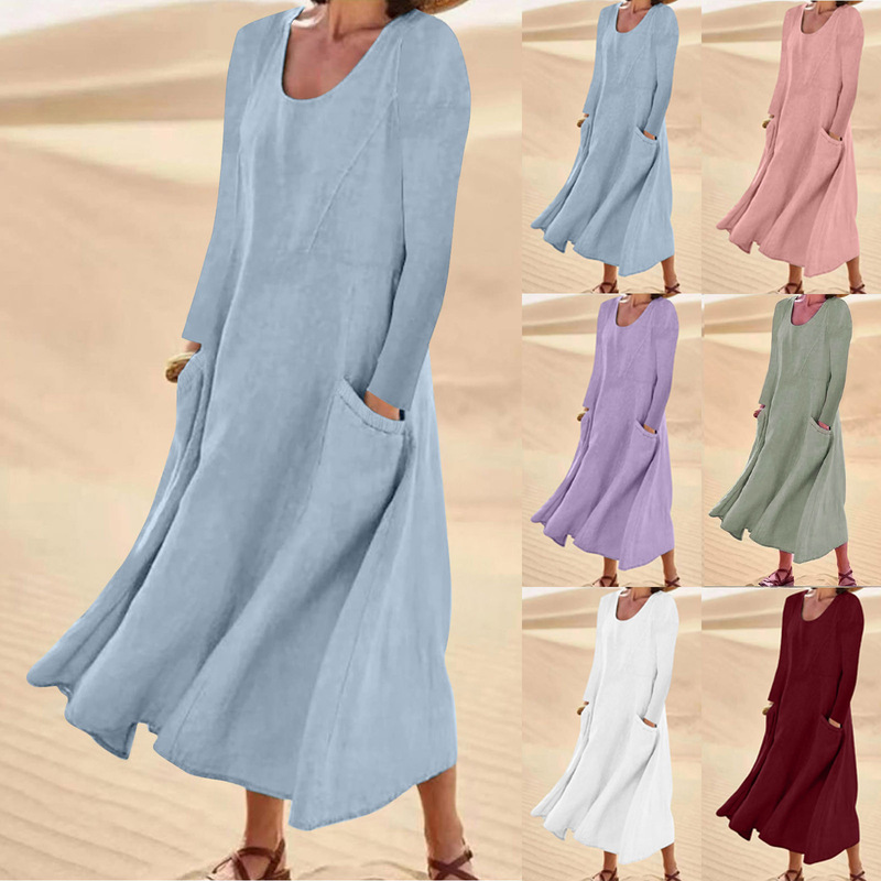 Autumn 2023 Amazon Europe and the United States new solid color pocket long sleeve round neck long women's cotton and linen beach dress Autumn 2023 Amazon Europe and the United States new solid color pocket long sleeve round neck long women's cotton and linen beach dress