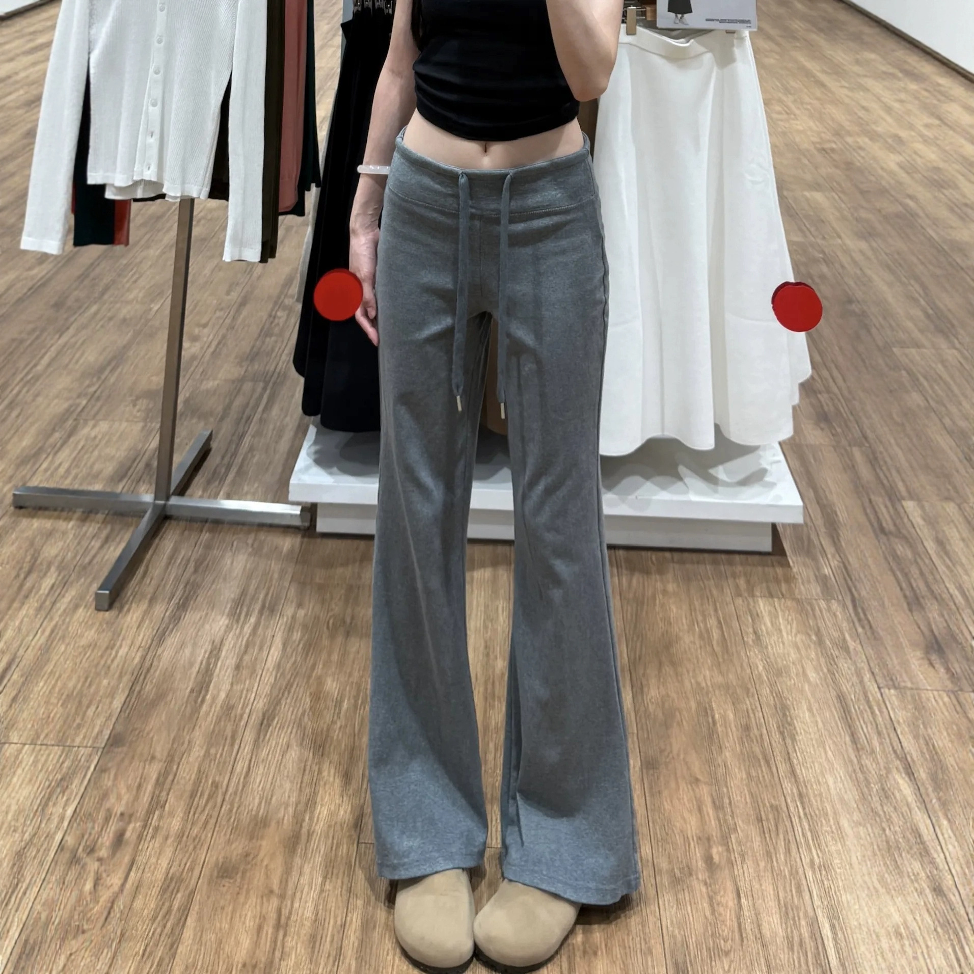 Pure Cotton Gray Flared Sports Pants for Women, New Spring/Summer High-Waisted, Drapey, Petite Casual Straight Wide-Leg Pants