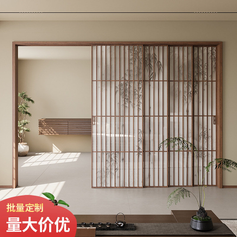 New Chinese Style Bamboo Shadow Glass Door Kitchen Balcony Living Room Partition Sliding Door Retro Grille Song Aesthetic Sliding Door