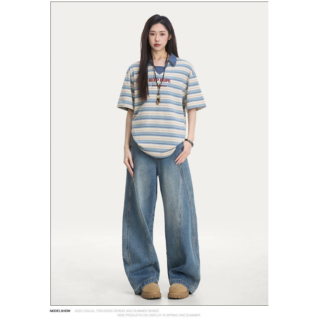 RESUMM American Retro College Style Striped Short-Sleeve Polo Shirt for Women, 2026 Summer New Loose Casual Top