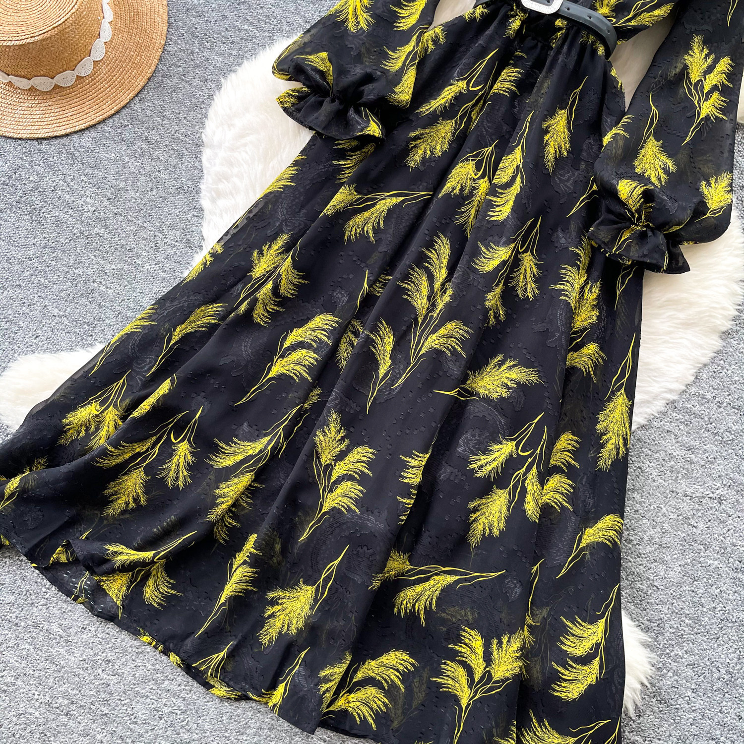 Retro Print Stand Collar Long Sleeve Dress Korean Style Slim Fit Waist Cinching A Line Elegant Long Dress For Women Summer Commuting_ecoleips.com