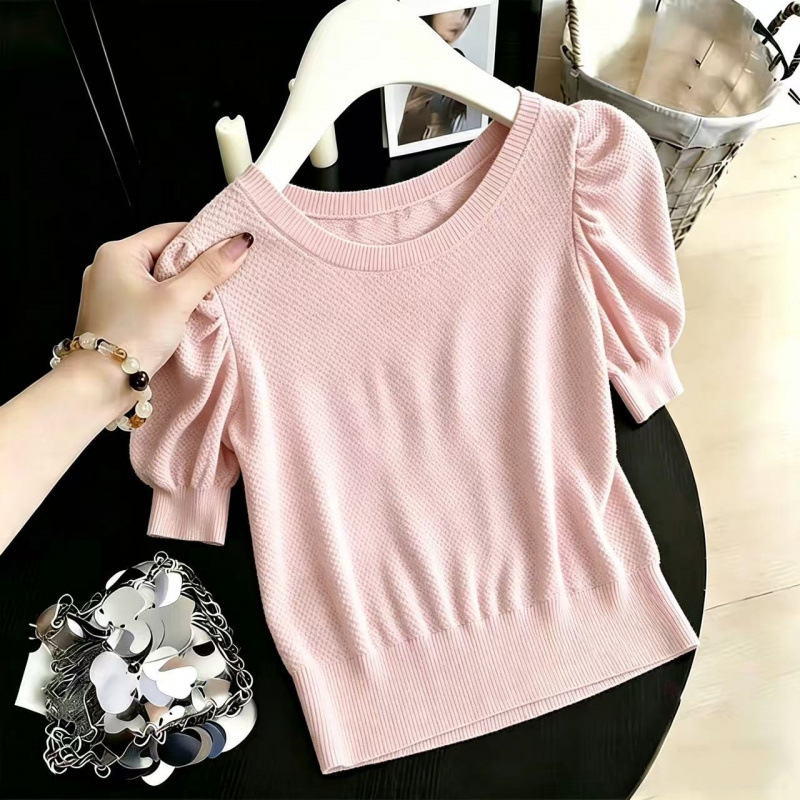 Summer Knitted T-Shirt Women's Loose Top Solid Color Crew Neck Short Sleeve Hollow Out Thin_ecoleips.com