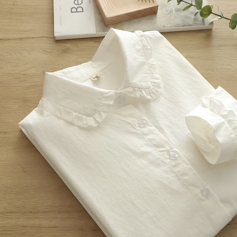 Lotus Leaf Lace Doll Collar Pure Cotton Shirt Women's Long-Sleeved 2025 Early Spring New Simple Bottoming White Shirt Autumn Wear