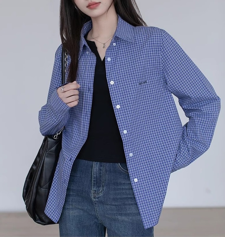 蓝色格子衬衫上衣女内搭2025春秋新款宽松休闲气质小个子正肩衬衣|undefined