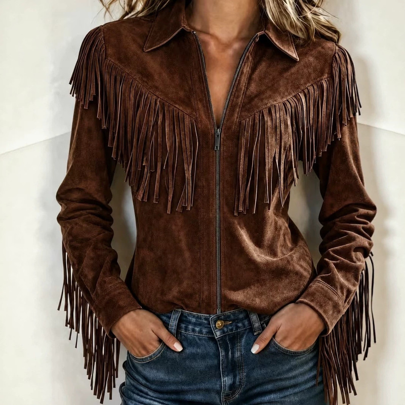 European and American 2026 cross-border autumn/winter Amazon women's western-style retro suede fringed slim-fit long-sleeve shirt European and American 2026 cross-border autumn/winter Amazon women's western-style retro suede fringed slim-fit long-sleeve shirt