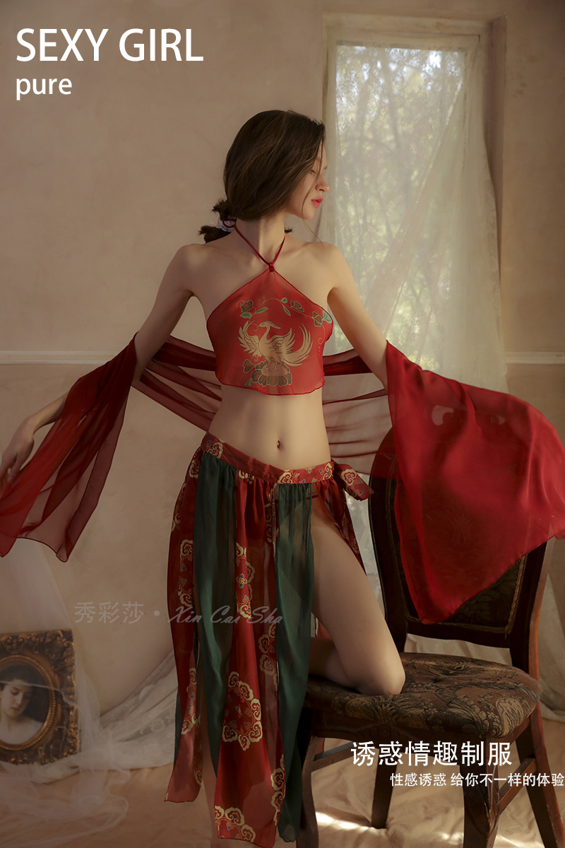 Sexy Hanfu Bellyband Nightgown Set with Shawl, Mesh Skirt and Thong — detail image 1