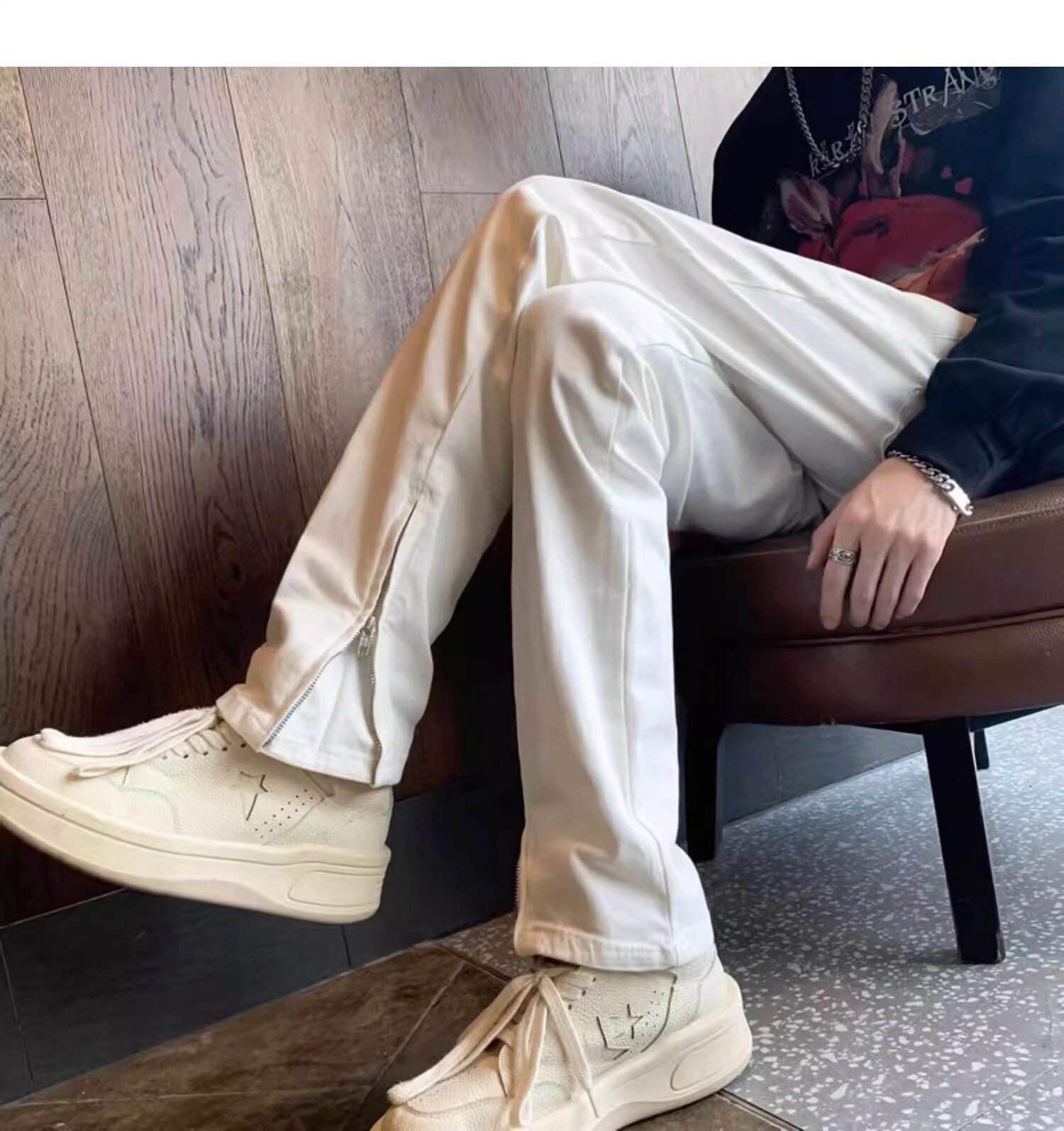 White Slim-fit Jeans Men's Autumn American Style Pants Ruffian Handsome Zipper Split Fork Lift Slightly Straight-leg Pants_mkmklike.com