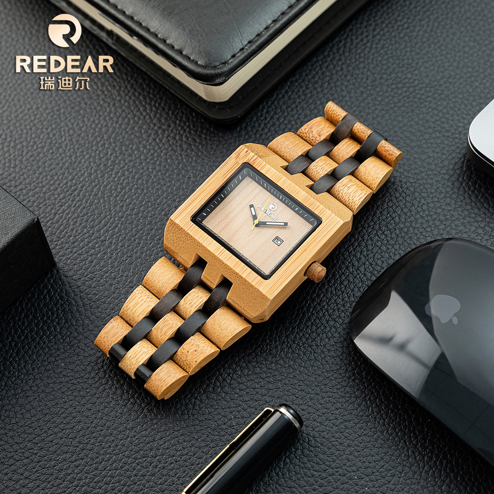 厂家直售新款方壳男式木手表 石英带日历机芯 外贸热卖货源
