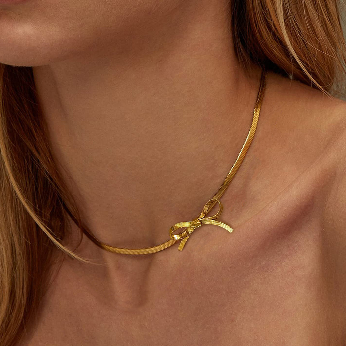 跨境流行不锈钢蝴蝶结锁骨链女士跨境时尚复古民族风蛇骨项链批发