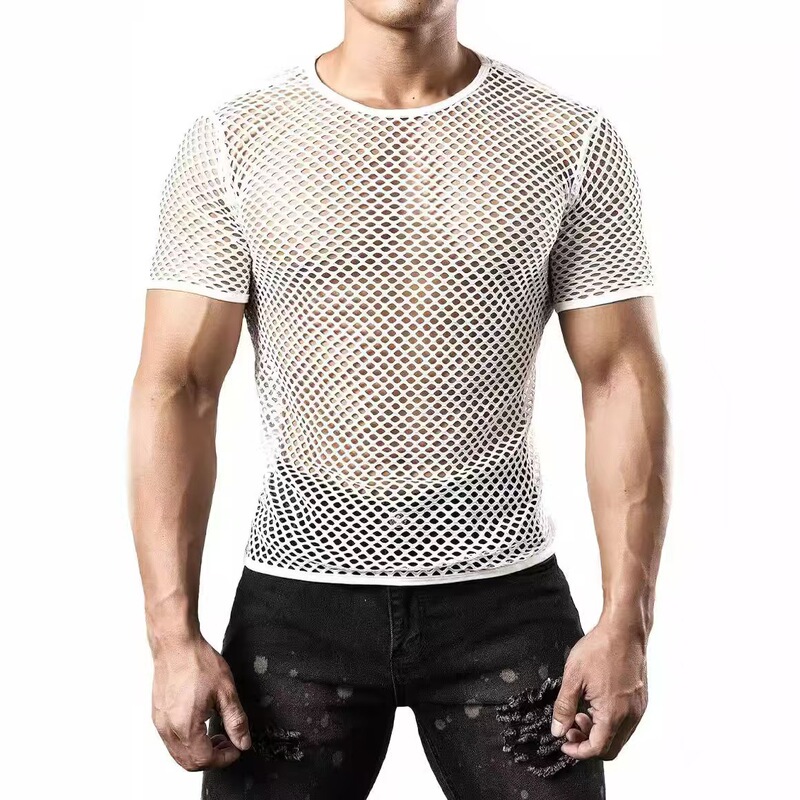 2026 Summer European and American Fashion Quick-Dry Hollow-Out Men's Round-Neck Mesh Short-Sleeve T-Shirt Breathable Plus-Size Fishnet Mesh