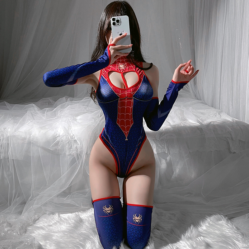 PXFS スパイダーウーマン ジッパー オープンクロッチ プリント スーツ セクシー ランジェリー セクシー ジャンプスーツ アニメ 制服 2412