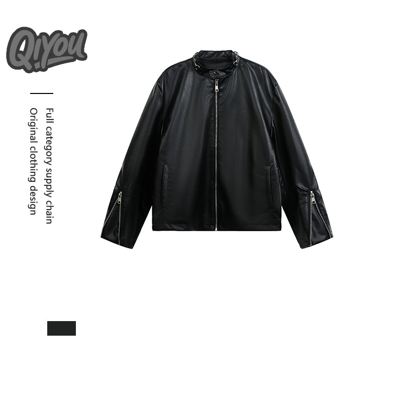 QIYOU American high street style handsome stand-up collar metal buckle PU leather jacket for men, vintage biker style jacket, trendy cross-border fashion QIYOU American high street style handsome stand-up collar metal buckle PU leather jacket for men, vintage biker style jacket, trendy cross-border fashion
