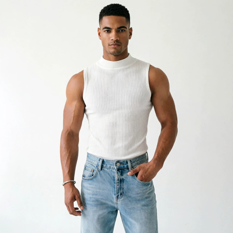 Men's Solid Color Fashionable Sleeveless Sports Slim Fit Turtleneck Ribbed Tank Top T-Shirt Men's Solid Color Fashionable Sleeveless Sports Slim Fit Turtleneck Ribbed Tank Top T-Shirt