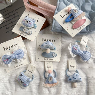 春季新款蓝色格纹小熊蘑菇儿童发夹蕾丝花边蝴蝶结发绳组合发饰发