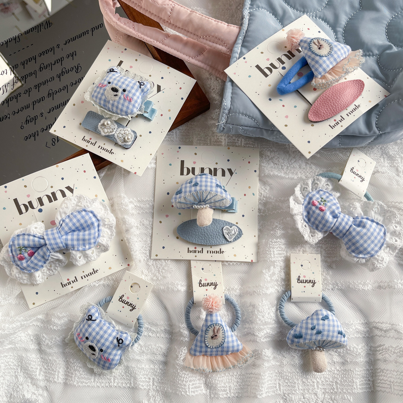 spring new blue color plaid bear mushroom children barrettes lace bow hair rope combination hair accessories hair