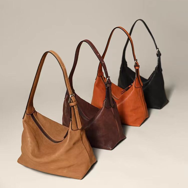 Qz Calfskin Underarm Hobo Bag First Layer Vegetable-Tanned Versatile Casual Single-Shoulder Commuter Bag Genuine Leather Dumpling Bag for Women Qz Calfskin Underarm Hobo Bag First Layer Vegetable-Tanned Versatile Casual Single-Shoulder Commuter Bag Genuine Leather Dumpling Bag for Women