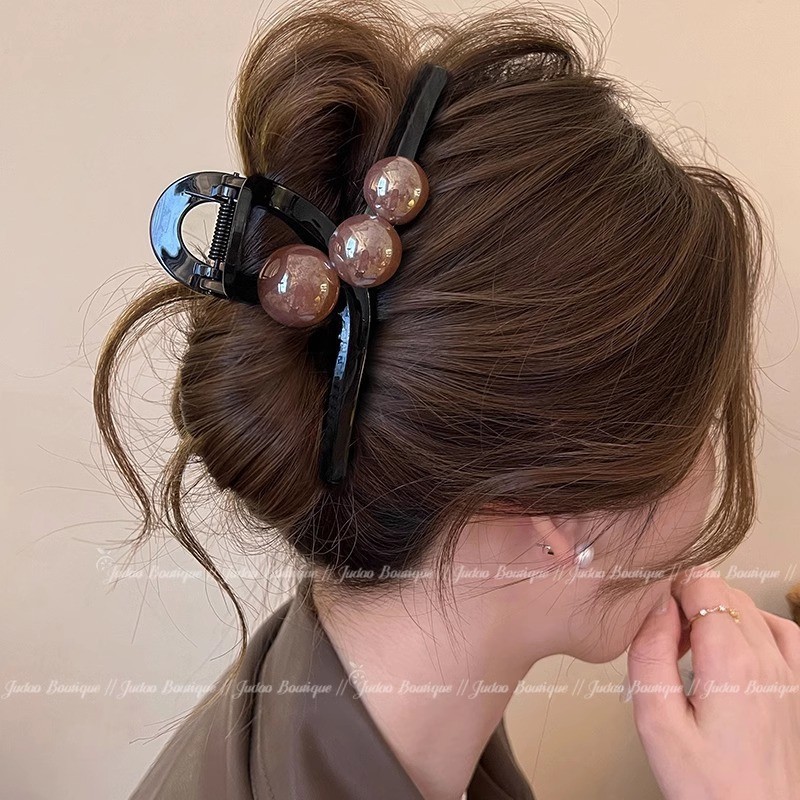 フレンチポルカドットレトロコントラストリボンリボンパールペンダント後頭部シャーククリップヘアピン女性用|undefined