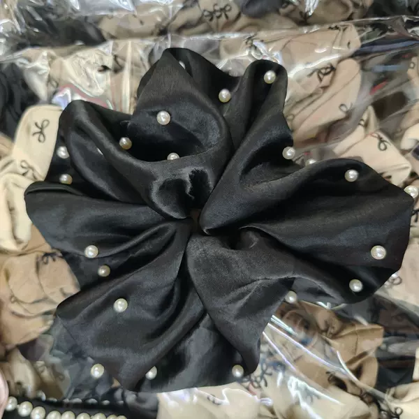 French-style satin oversized scrunchie with pearl edges and rhinestones, high-end bun hair accessory, ponytail hair tie, hair ornament