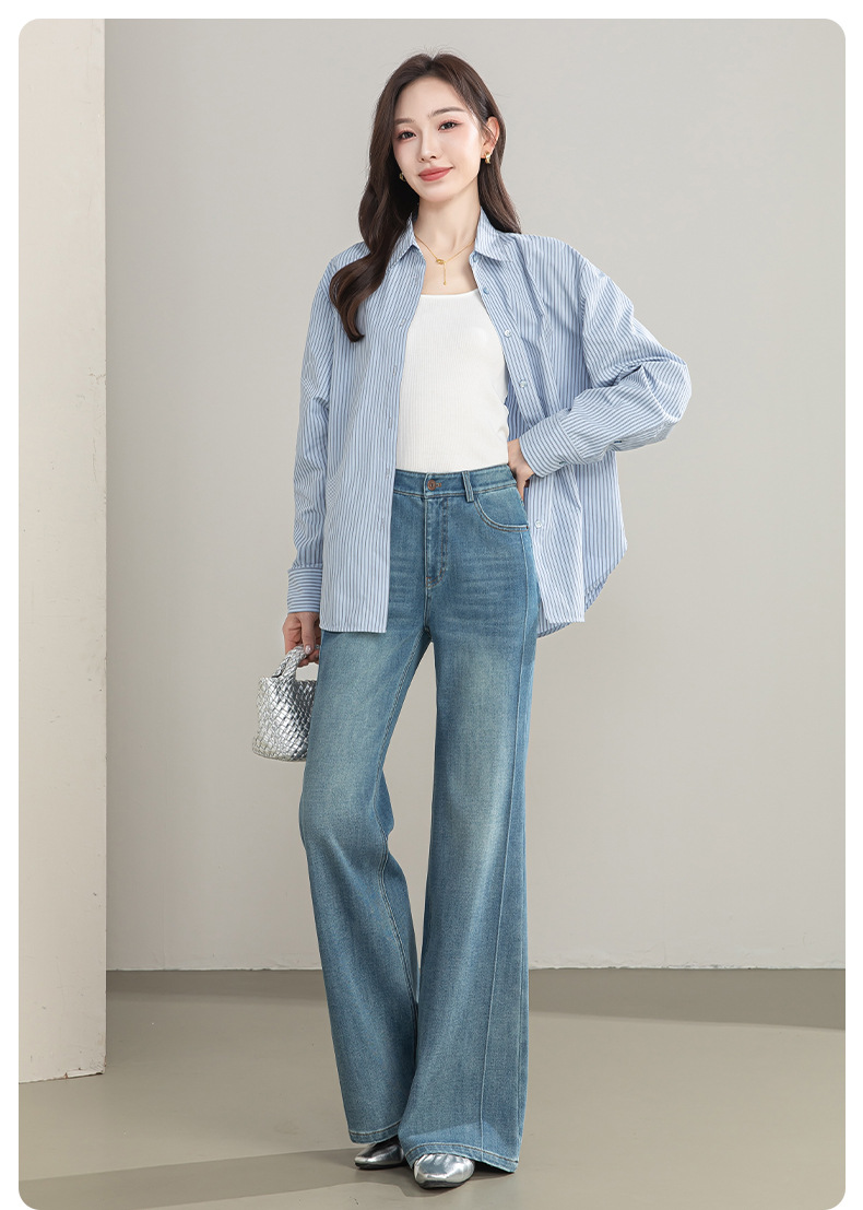 Quần jean nữ cạp cao ống rộng vải Tencel cotton co giãn 4 chiều dáng suông nhẹ — xanh lam chi tiết 20