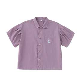 日系森女风设计感剪裁波纹门襟泡泡袖紫色短袖衬衫女小众