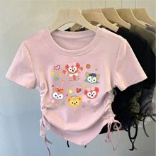 夏季新款短袖抽绳T恤女童卡通洋气上衣儿童中式设计女孩收腰上衣