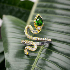 天然透辉石戒指眼镜蛇缠绕设计暗黑小众925银饰灵蛇图腾个性潮酷