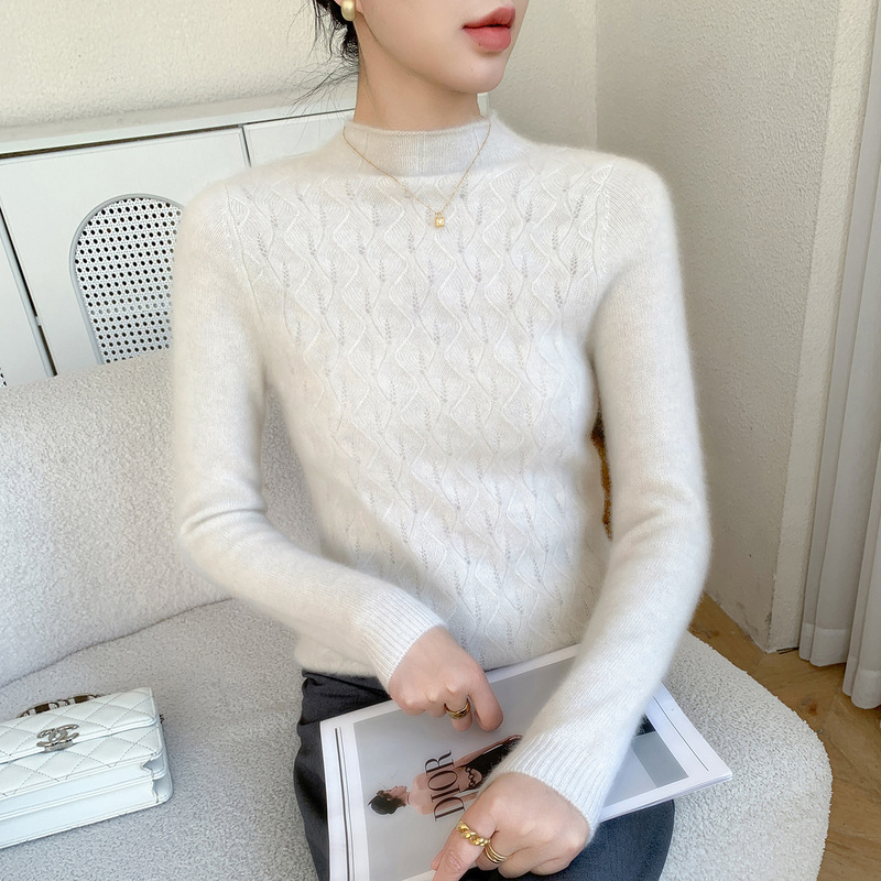 Autumn and Winter New Double-Strand Thickeneded Half-High Curled Collar Cashmere Knitwear Women's Jacquard Long-Sleeved Top Pullover Cashmere Knitwear