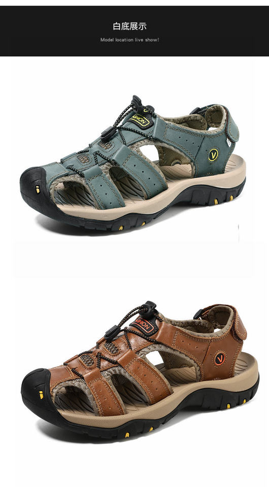 Dép sandal nam da thật quai ngang may thủ công chống trượt, cỡ lớn đến 48 — 7239 Xanh quân đội, 7239 màu xanh lam, 7239 màu đen, 7239 nâu sẫm chi tiết 45