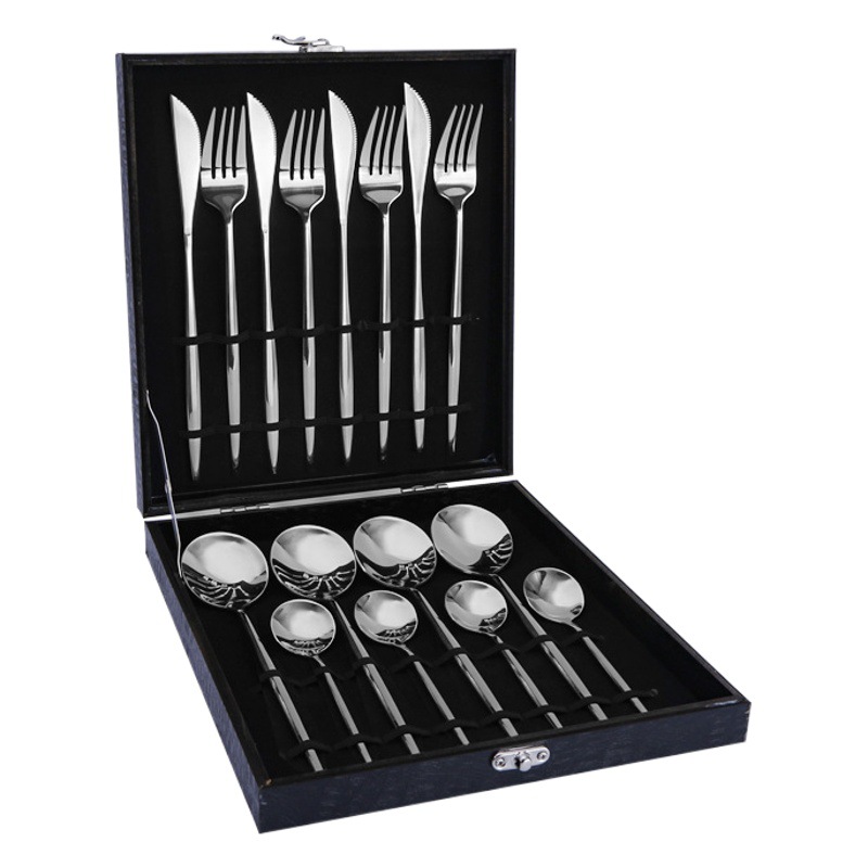 Productos calientes de Amazon vajilla de acero inoxidable conjunto de 16 piezas de Portugal cuatro piezas principales cuchillo, tenedor y cuchara caja de regalo transfronteriza traje