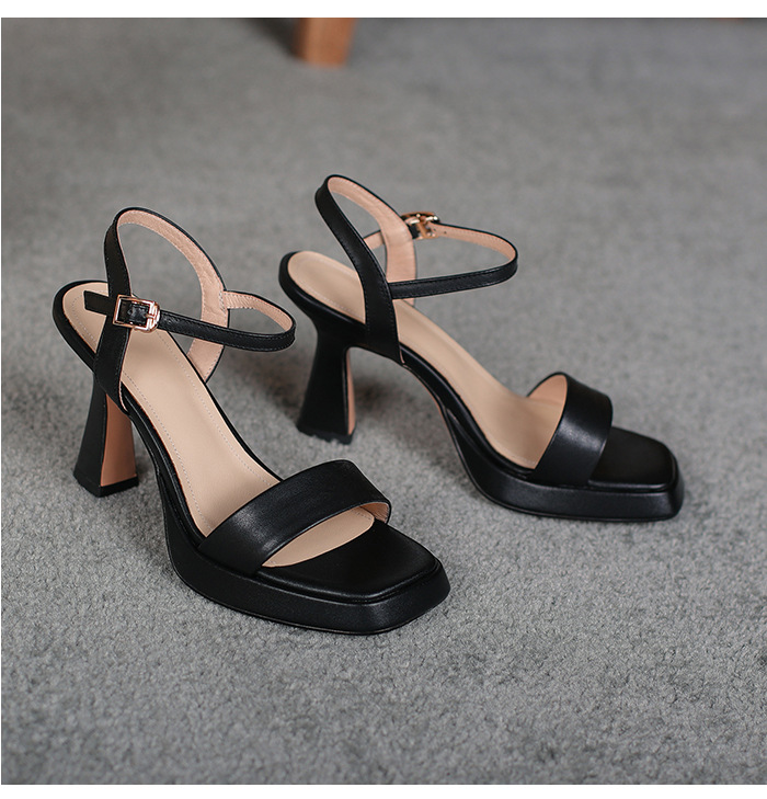 Sandal cao gót nữ quai ngang hở mũi da bò thật khóa thời trang — Màu đen chi tiết 19