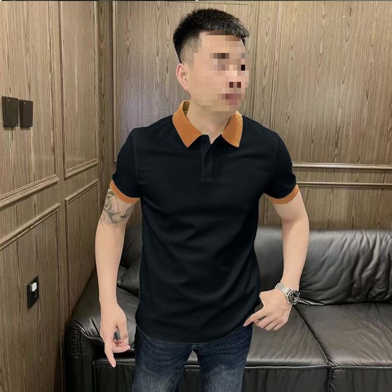 Áo polo nam tay ngắn cổ bẻ phối màu thời trang hè 2026 — màu đen, màu ô liu xanh, màu cam, Xanh lông mòng đen chi tiết 17
