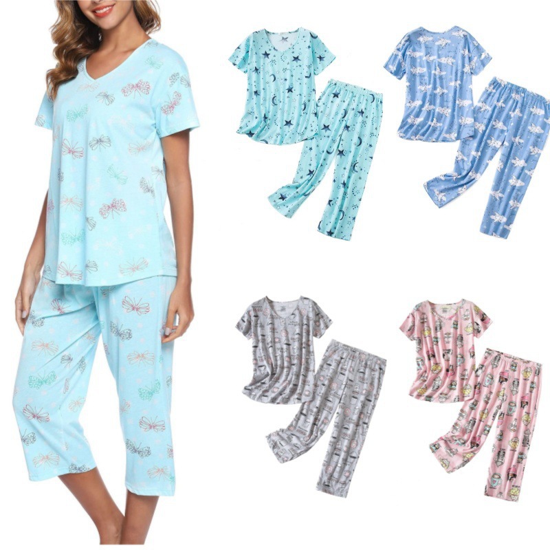 GraceChic 2024 Cross-Border European And American Kurzarm-Caprihose Strick-Homewear Plus Size Damen-Pyjama-Set_voghion.com