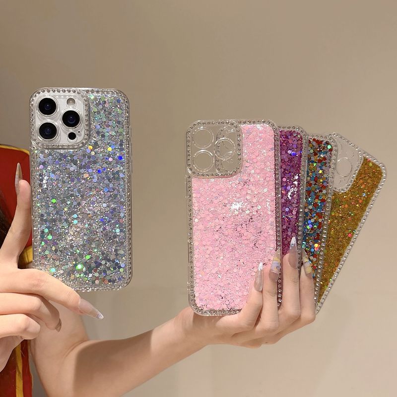 iPhone16Pro用キラキラフレーム付きスマホケース、15ライトラグジュアリーシースルー、14グリッター、13保護ケース、指紋防止|undefined