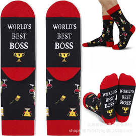 跨境亚马逊world's best 英文字母袜子最好的老板运动中筒袜socks