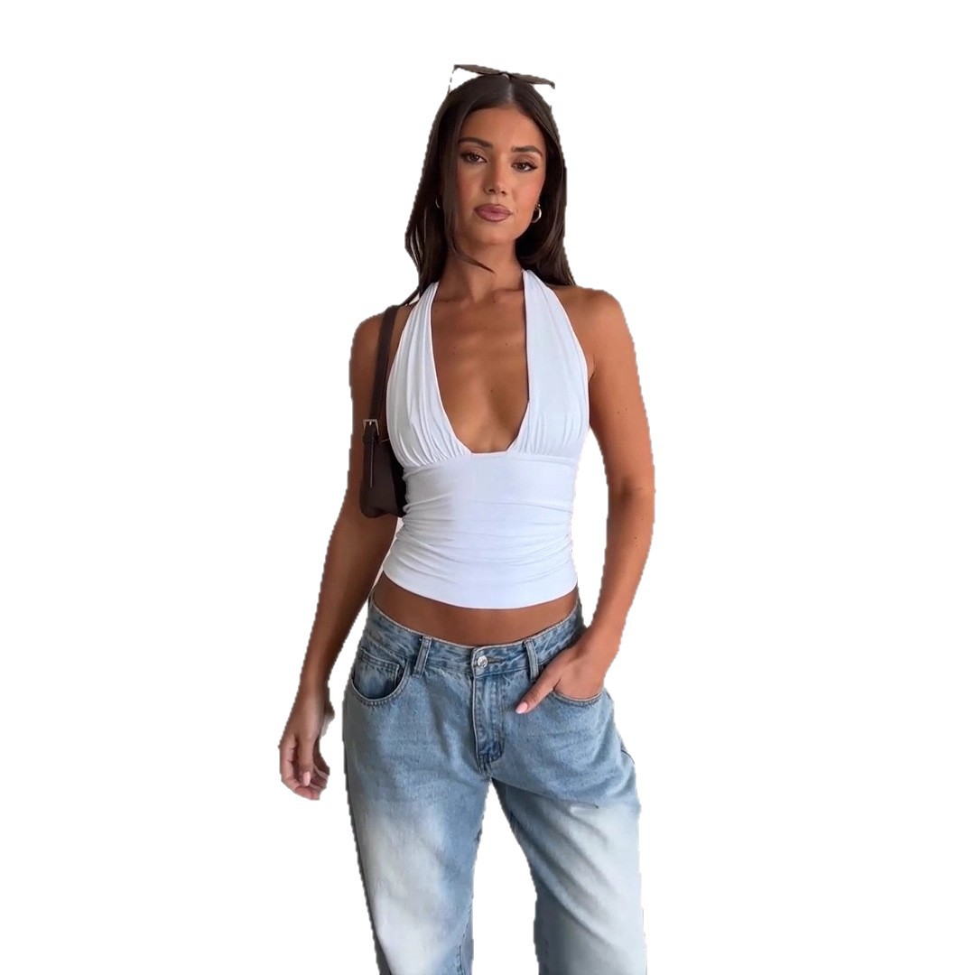 Women's Slim Fit Solid Color Top Style Summer New Hot Girl Inner Wear Tie Pleated_ecoleips.com