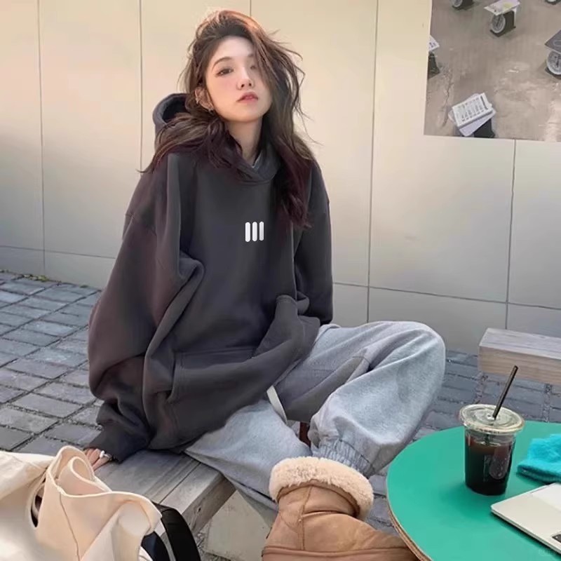 时尚加绒连帽卫衣女秋冬加厚2025新款白灰色宽松长袖春秋薄款上衣|undefined