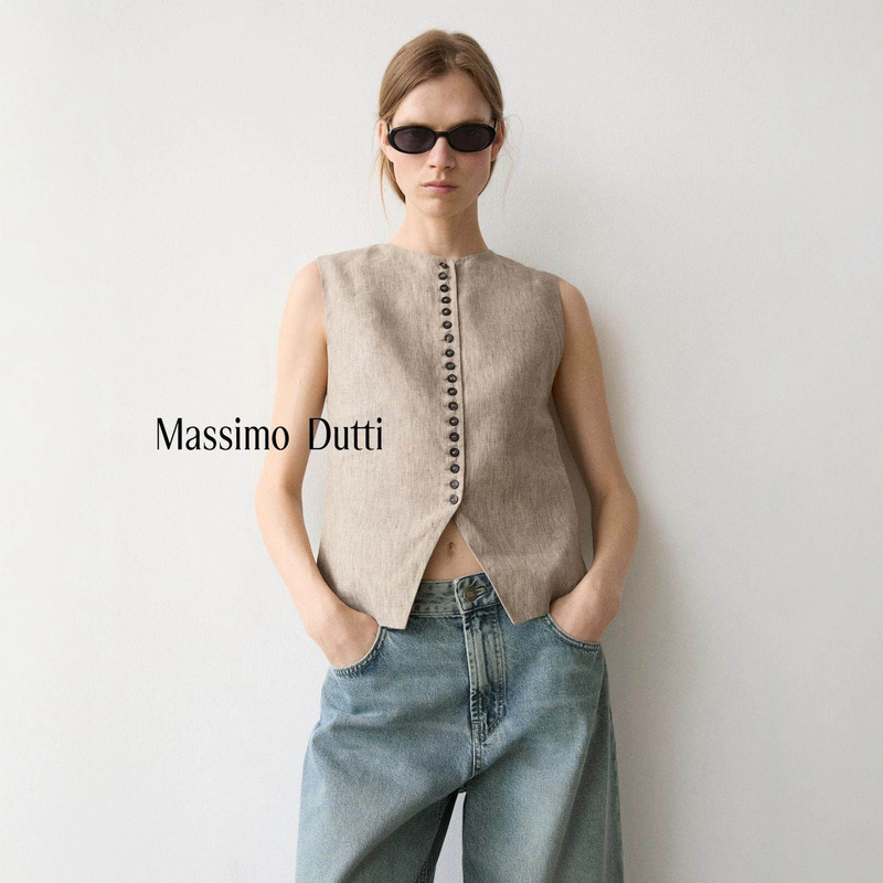 Spring and Summer New Style Massimo Dutti2026 Women's Clothing Urban Casual Style Linen Mixed Color Buttoned Design Vest Spring and Summer New Style Massimo Dutti2026 Women's Clothing Urban Casual Style Linen Mixed Color Buttoned Design Vest