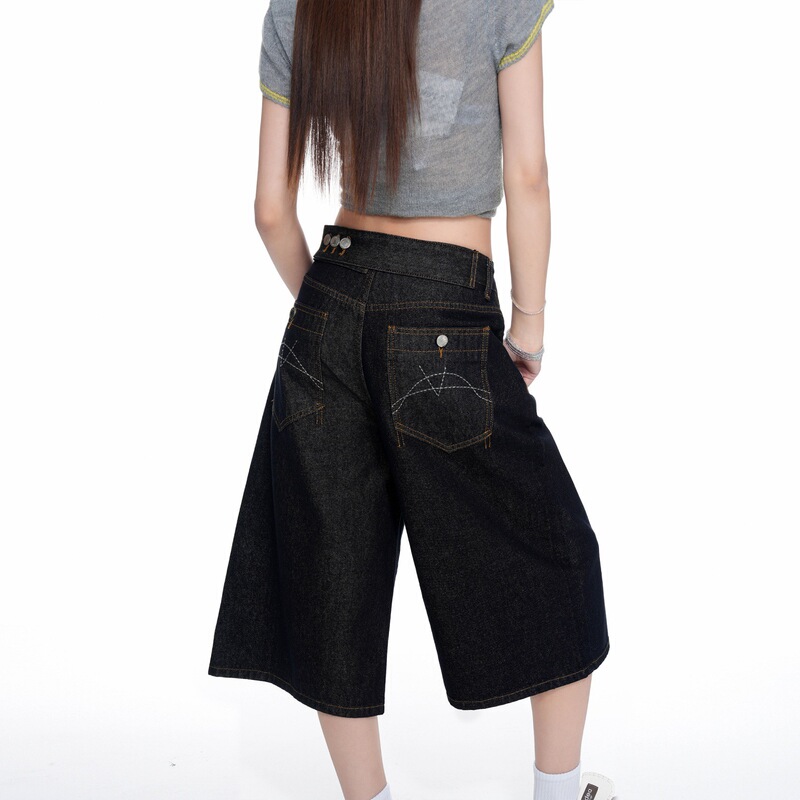La Chapelle American-style cropped denim shorts for women, new summer model, buttoned, high-waisted, loose-fitting, slimming, straight-leg mid-length pants
