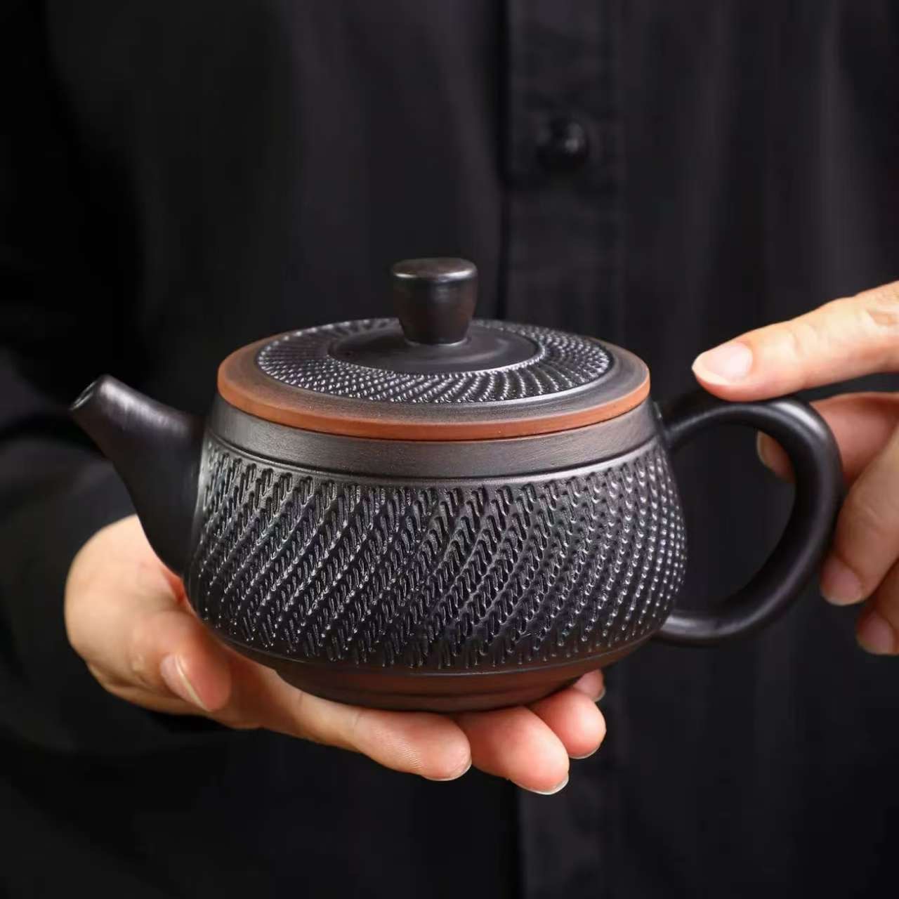 紫陶半手工跳刀纹茶壶汉瓦壶凤鸣壶大容量紫陶壶家用茶具