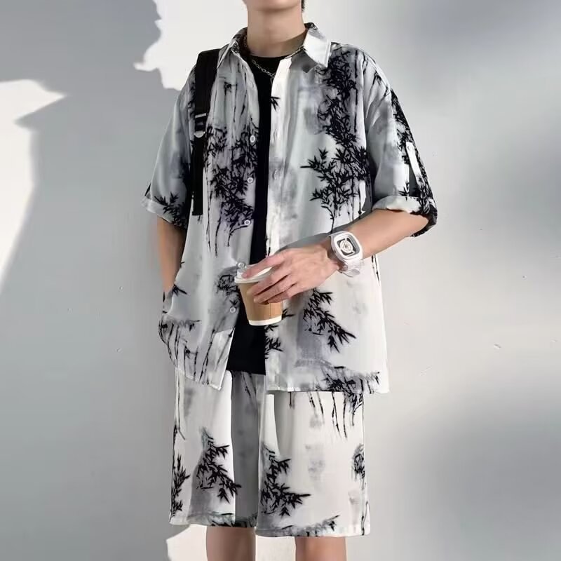 여름 해변 세트 남자의 반팔 남자의 빠른 건조 옷 해변 여행 커플 여름 얇은 반바지 착용