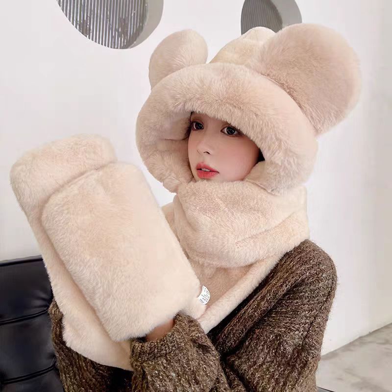 Otoño y invierno nuevo oso sombrero bufandas en una mujer invierno lindo guantes de cuello para niñas ciclismo conjunto de tres piezas