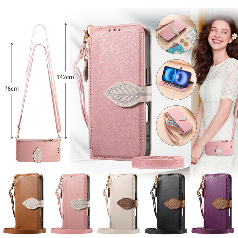 Suitable for Iphone17 Pure Color Simple Flip Phone Case Apple 17Air Mobile Phone Leather Case Lanyard 15P Card Case