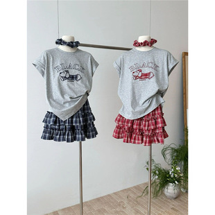 Korean Loose Slimming Look Cartoon Puppy Short-Sleeved T-Shirt for Women Summer New Age-Reducing Plaid Cake Skirt Suit for Women