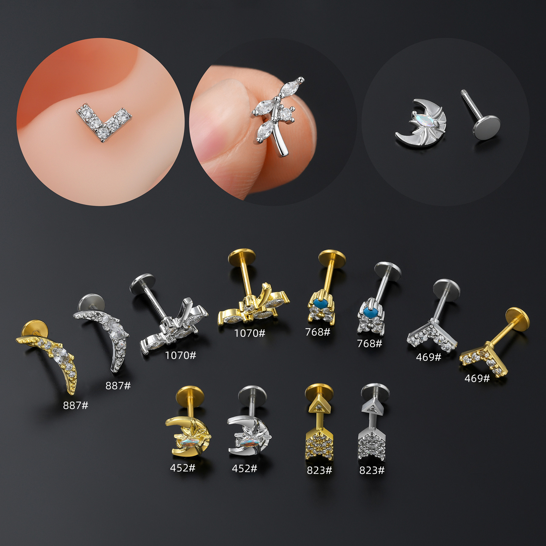 Cross-border e-commerce Western and European fashion zirconia lip stud stainless steel rod body piercing ear bone earrings multi-functional jewelry