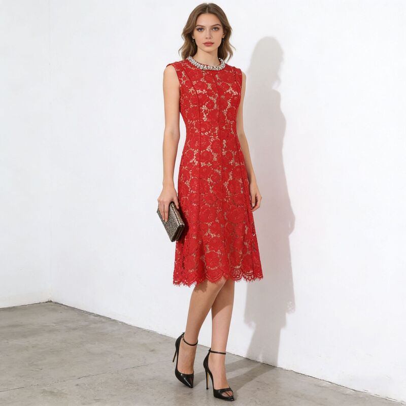 European and American Style High-End Mid-Length Dress 2026 New Fashion Lace Floral Sleeveless Round Neck Dress for Women