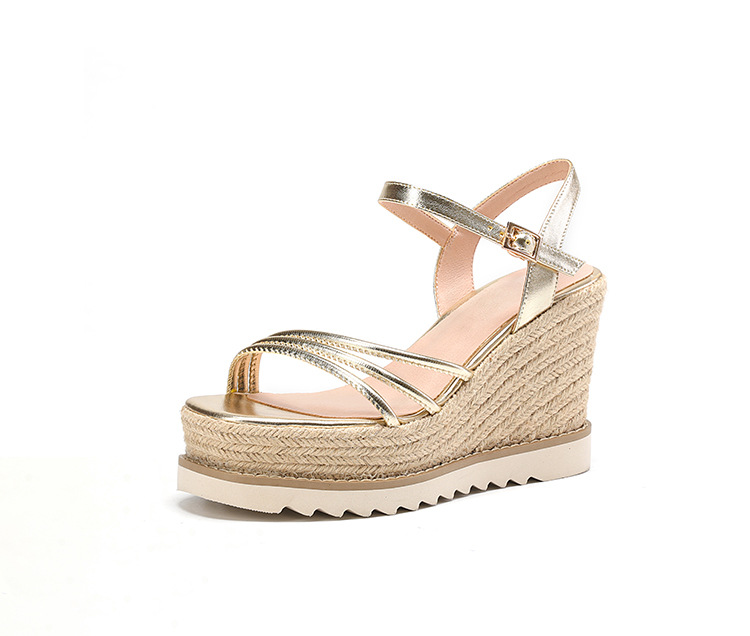 Sandal cao gót nữ phong cách Bohemian quai ngang mảnh hở mũi, đế xuồng đan rơm cao 9 cm — màu vàng, bạc chi tiết 16