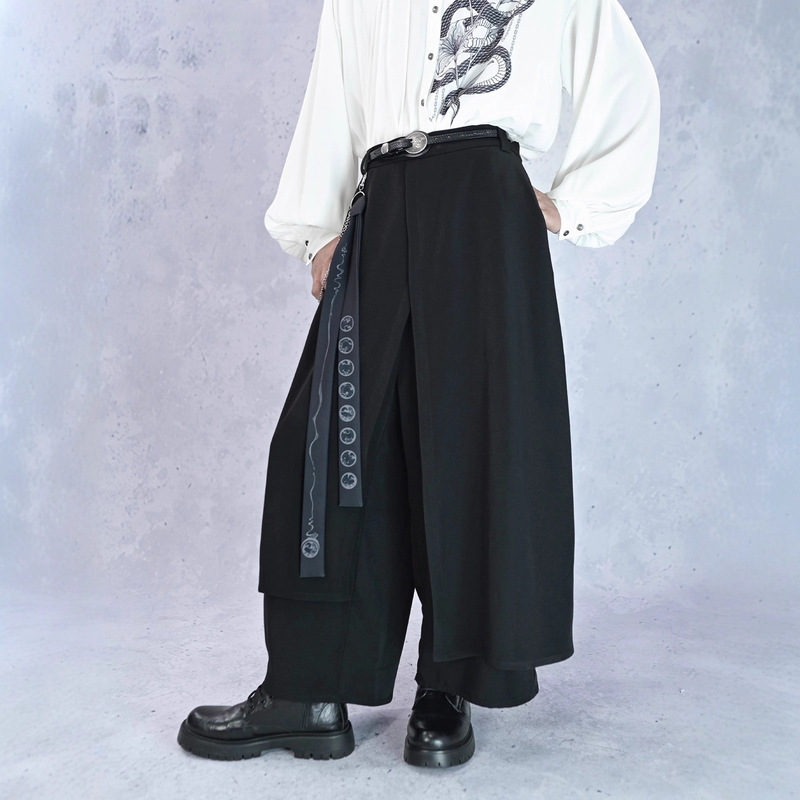 New Chinese Style Layered Yohji Yamamoto Style Irregular Splicing Fake Two-Piece Wide-Leg Culottes Loose Trousers Culottes Cross-Border