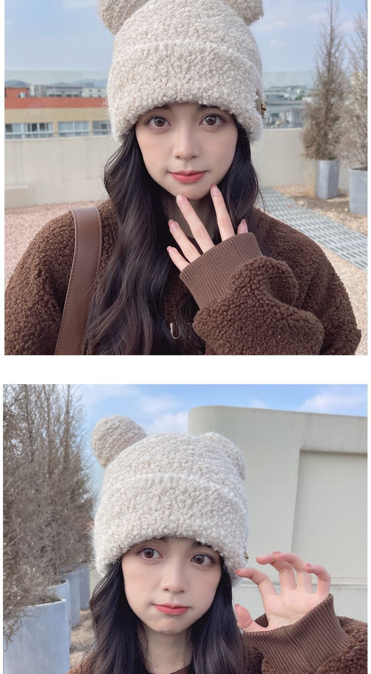 Berretto in maglia da donna con orecchie da orso peluche caldo_voghion.com