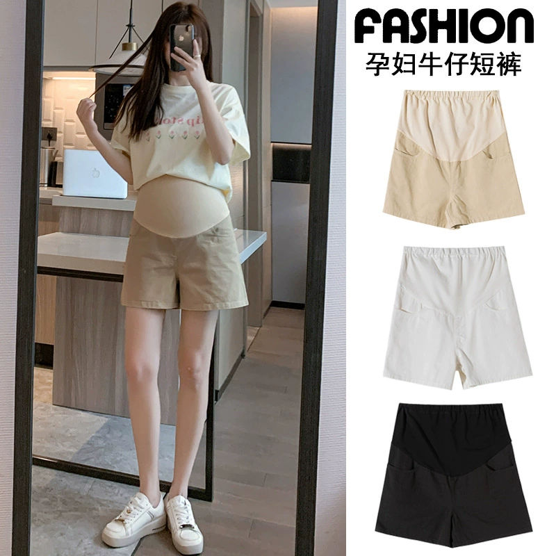 Реальная цена, джинсовые шорты для беременных, летние свободные брюки для живота для верхней одежды, повседневные джинсовые универсальные модные короткие штаны для мамы